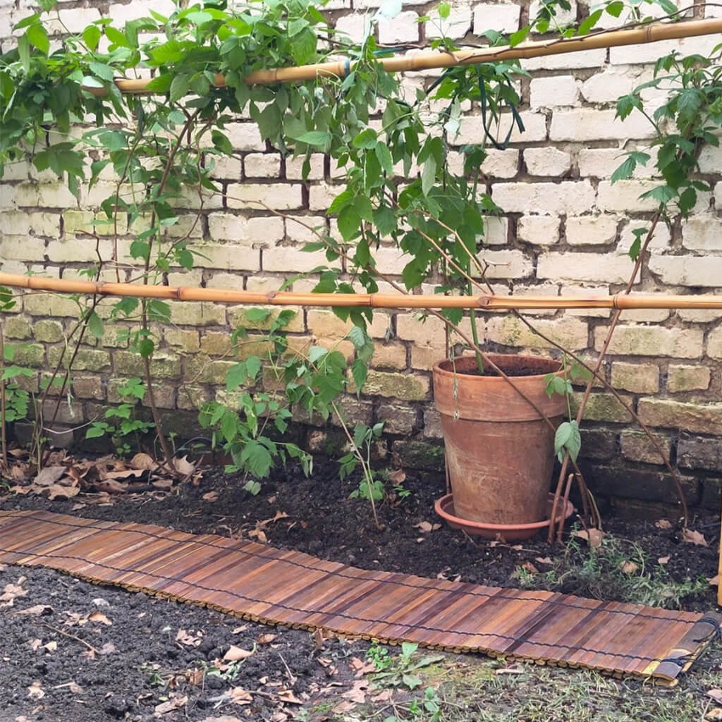 Bamboe rolborder latjes - Donkerbruin in de moestuin als looppad