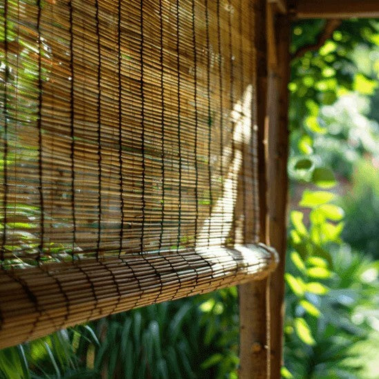 Bamboe rolgordijn buiten onder een overkapping